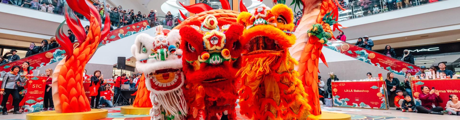 Visitors at a shopping centre enjoying a vibrant lion dance celebrating community and culture