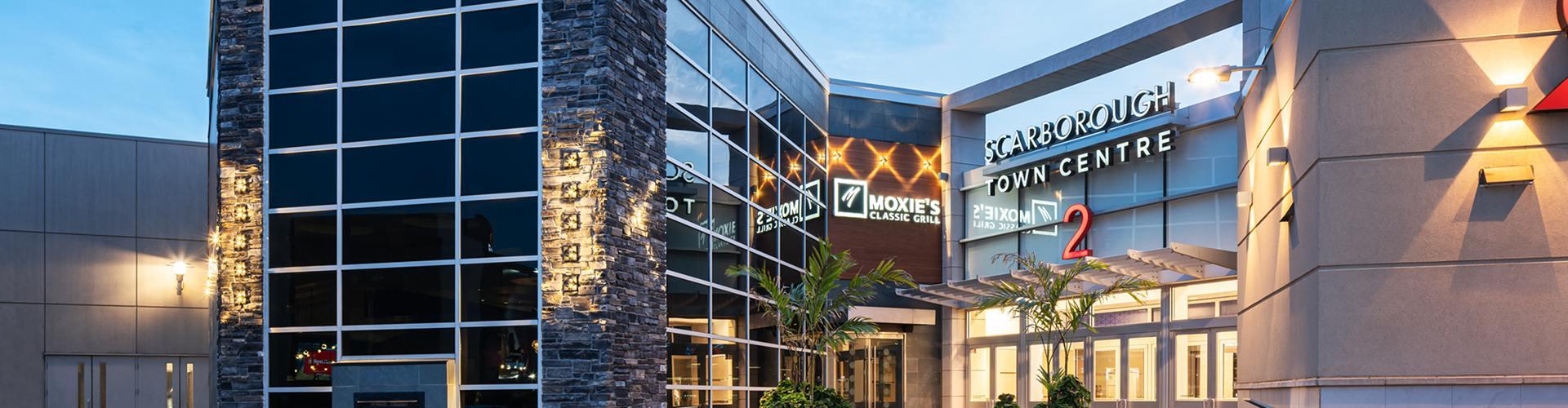 Scarborough Town Centre entrance with Moxies signage showcasing a premium retail destination