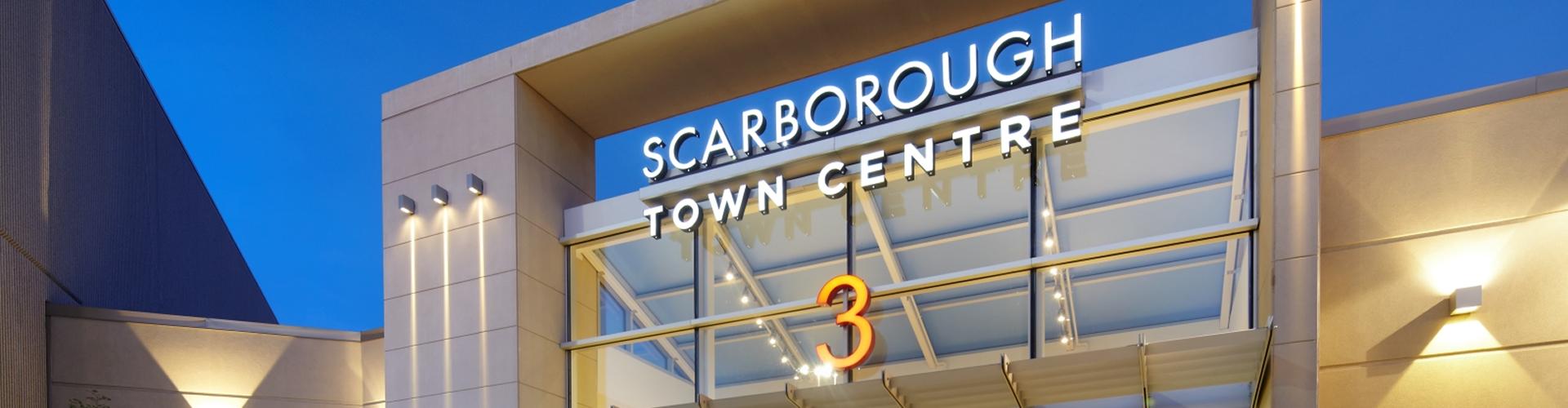 Scarborough Town Centre entrance signage highlighting contact and visitor access information