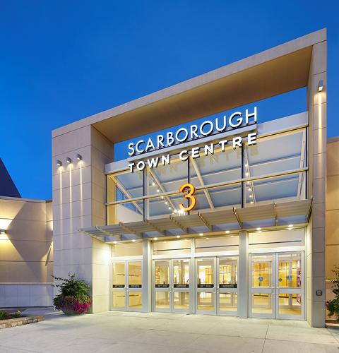 Scarborough Town Centre entrance signage highlighting contact and visitor access information