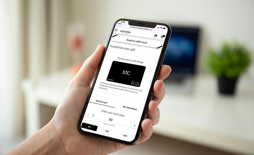 Mobile phone showing STC eGift card purchase page for Scarborough Town Centre shoppers
