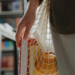 mesh bag holding books and fruit