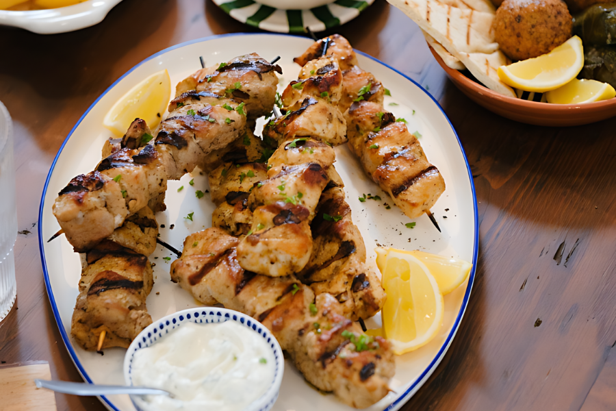 chicken souvlaki on a plate