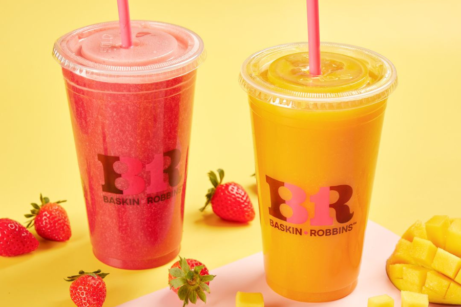 one strawberry and one mango smoothie