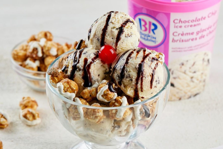 ice cream sundae with caramel popcorn and chocolate sauce