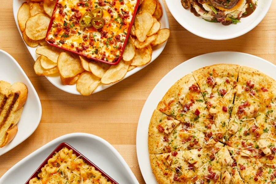 pizza and chips with dip from boston pizza