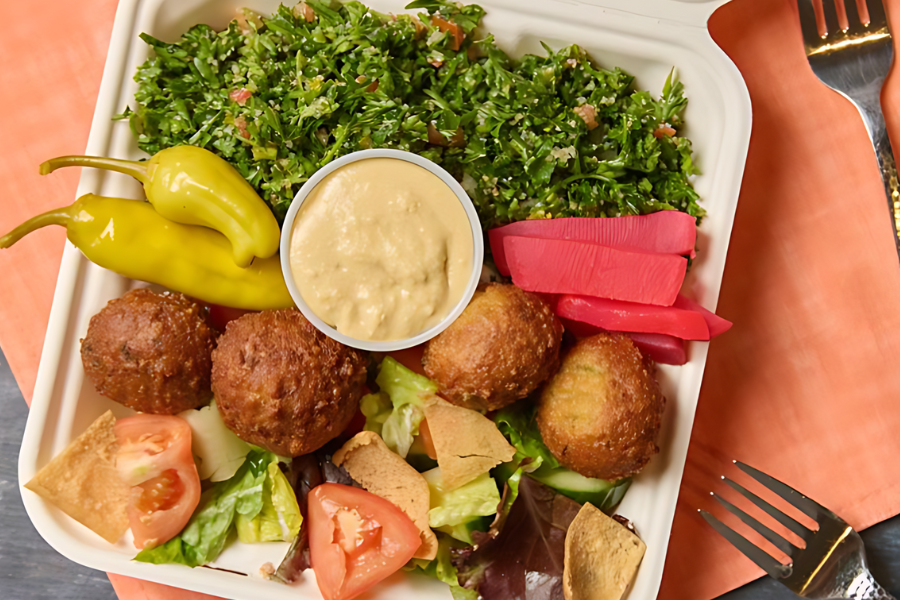 falafel salad with tahini & pomegranate molasses