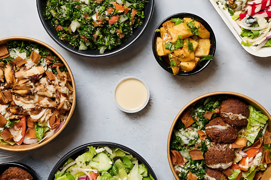 salads, RokBox, garlic potatoes, shawarma salads, falafel, & perfect shawarma plates