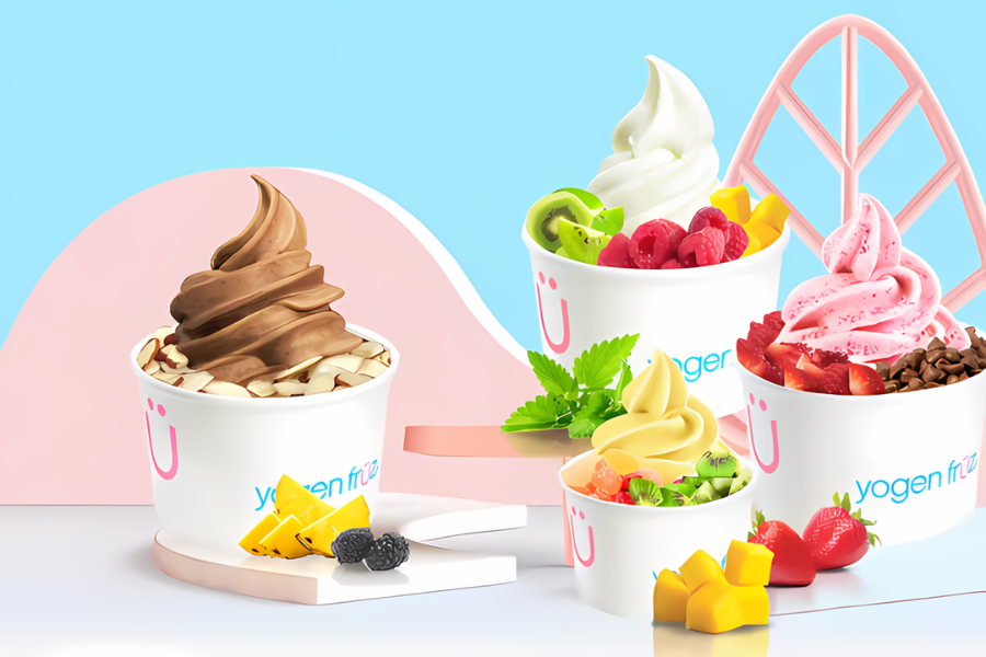 three cups of yogen fruz frozen yogurt