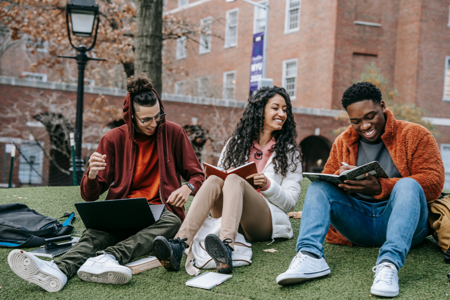 group of university students studying outside