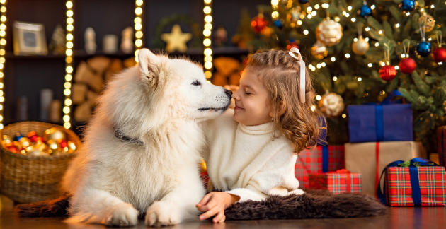 white dog kissing little girl