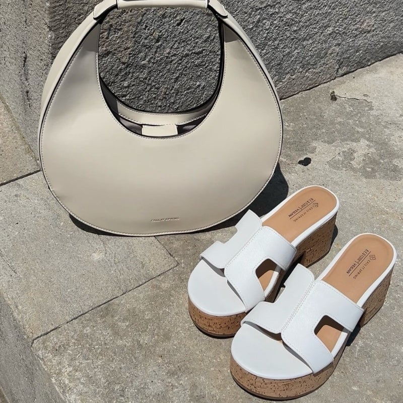 white sandals with bag